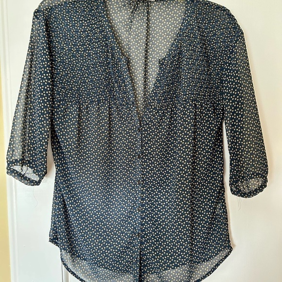 Zara TRF Blouse Pleat Front Dark Blue Yellow Polka Dot Sheer Airy size Large - Picture 8 of 16